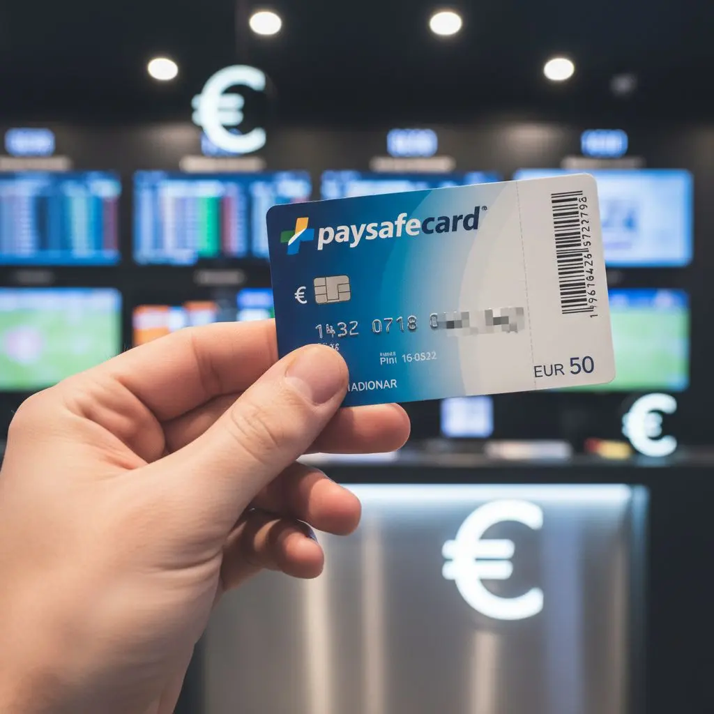 Držení paysafecard voucheru v ruce v bezpečné, moderní prodejně